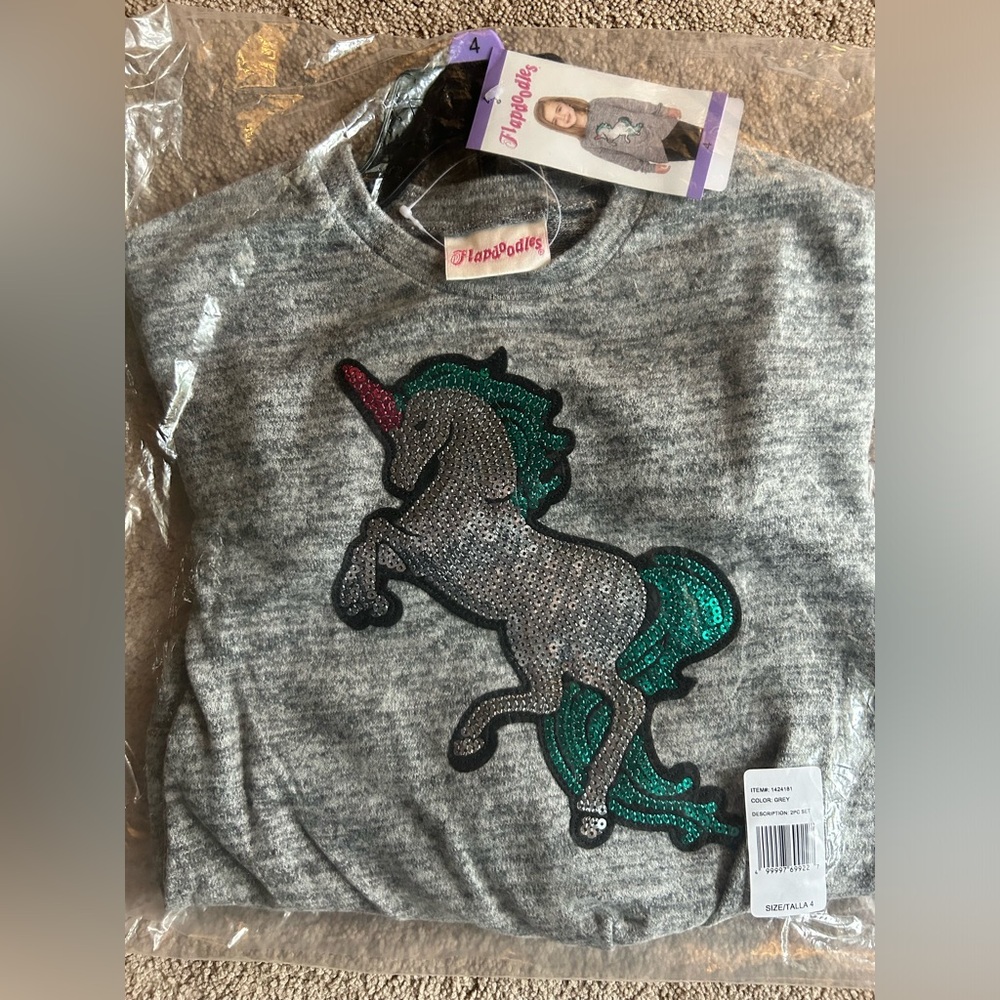 Flapdoodles Girls’ Unicorn Sequin 2 Piece Set | Size: 4